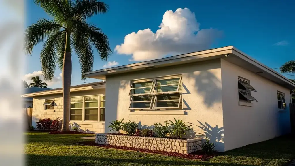 A repainted 1950s Miami concrete-block house with jalousie windows and a royal palm
